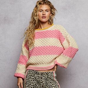 POL Pink and Cream Striped Textured  Sweater sz Large